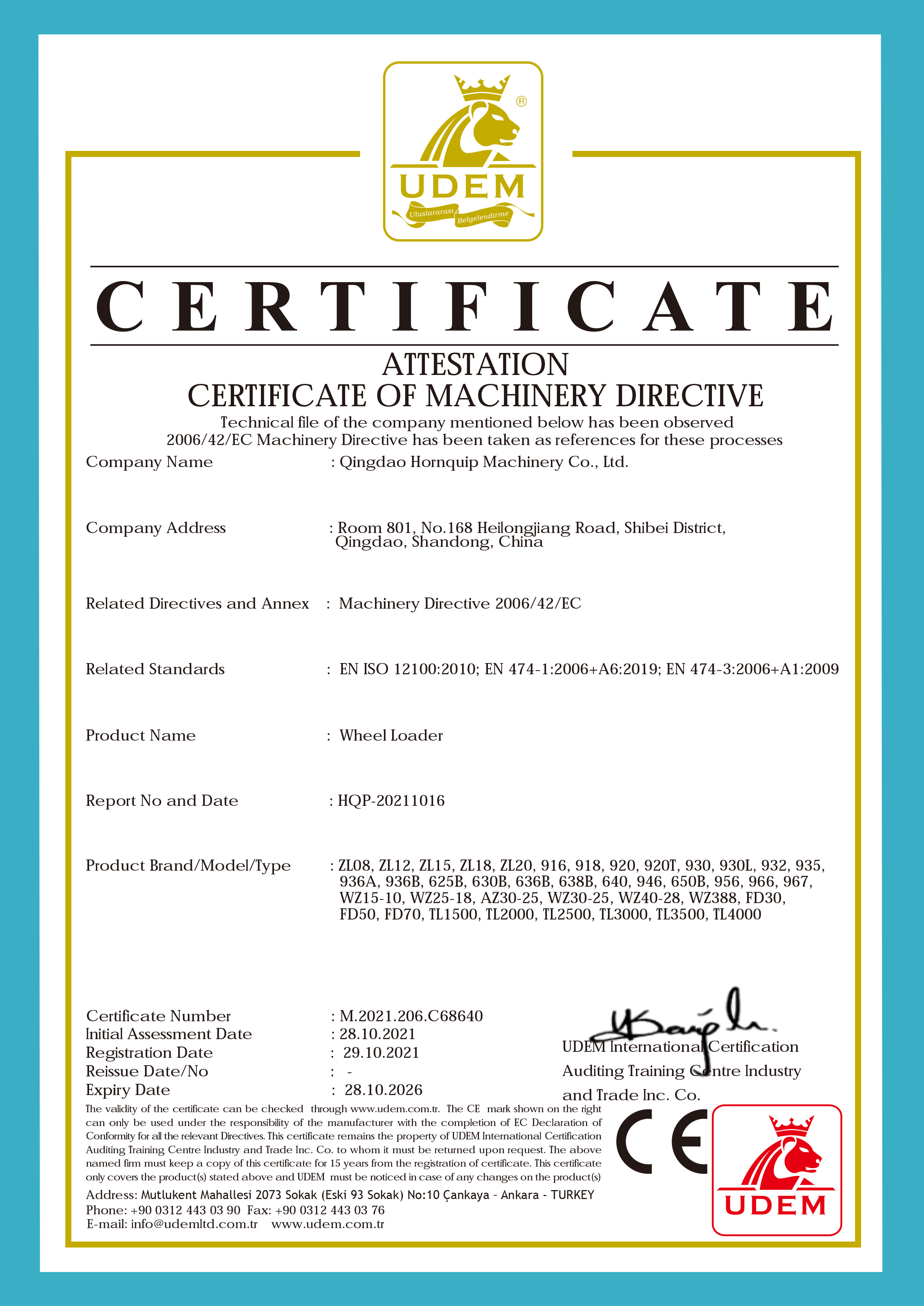 China Qingdao Hornquip Machinery Co., Ltd Zertifizierungen